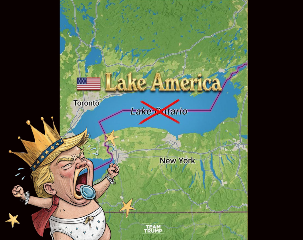 Carte illustrant 'Lake America' en marquant 'Lake Ontario' avec une croix rouge, avec un personnage caricatural dans un costume de bébé en bas, en train de crier.