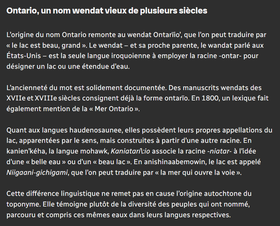 Texte explicatif sur l'origine du nom Ontario et son étymologie, incluant des références aux langues wendat et haudenosaunee.